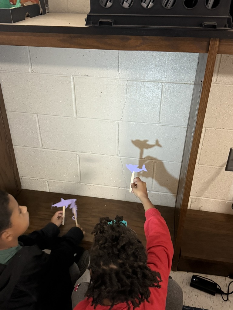 Two children sit in front of a wooden bookshelf, holding paper shadow puppets on sticks—shapes like sharks and sea creatures. A flashlight shines on the white cinderblock wall, creating clear shadows of their puppets. The students lean forward, experimenting with making the shadow grow and shrink.