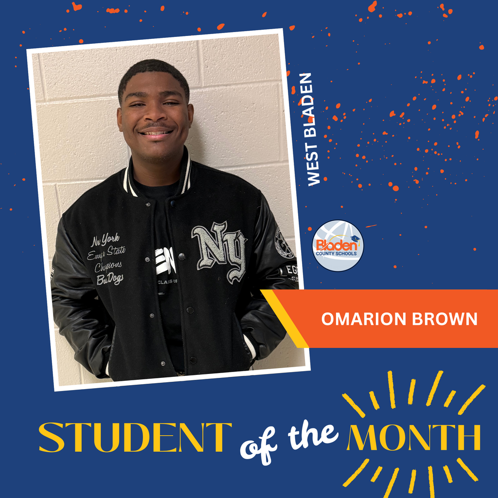 Student of the Month graphic featuring Omarion Brown smiling in a black letterman jacket, with West Bladen branding and design elements.