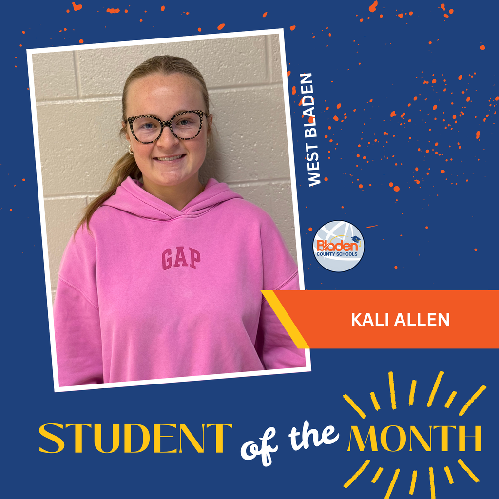 Student of the Month graphic featuring Kali Allen smiling in a pink GAP hoodie, with West Bladen branding and design accents.
