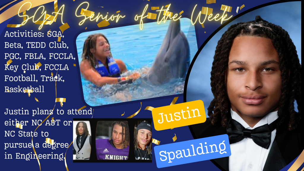Collage featuring "SGA Senior of the Week" Justin Spaulding, including photos and his activities/plans