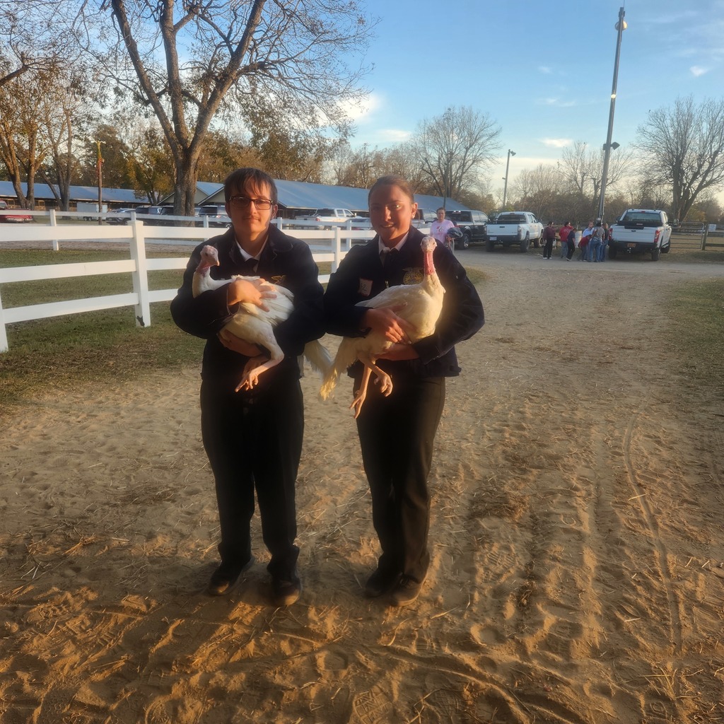 Two FFA students holding their white show turkeys stand outside in a fenced, dirt area.