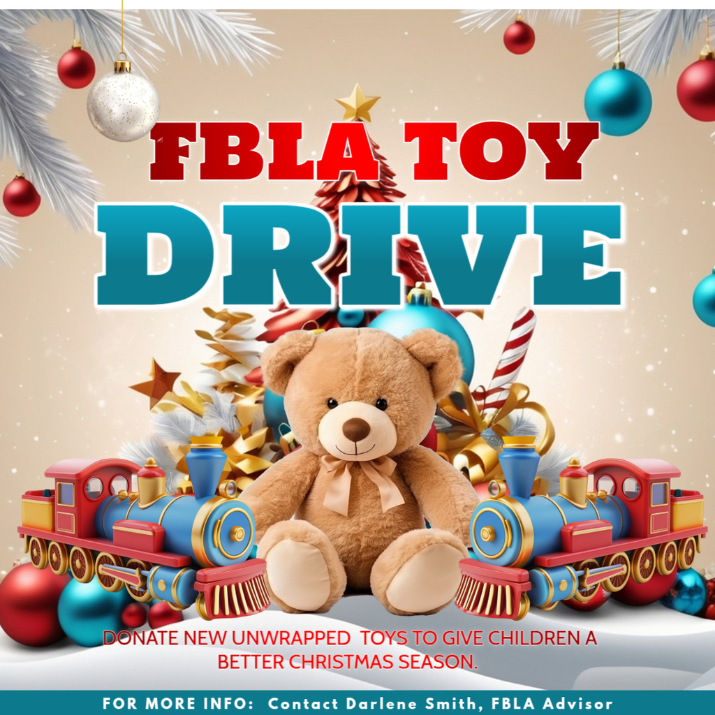 FBLA Toy Drive announcement with a teddy bear, toy trains, and holiday decorations.