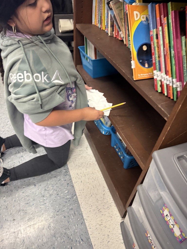 A student kneels beside a classroom bookshelf holding toilet paper squares and a pencil. She places squares on the bottom shelf to measure its area.