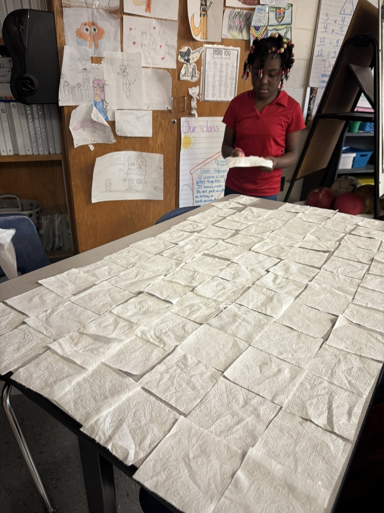 A student stands behind a large table filled edge-to-edge with neatly arranged toilet paper squares. Classroom drawings cover the wall behind her.