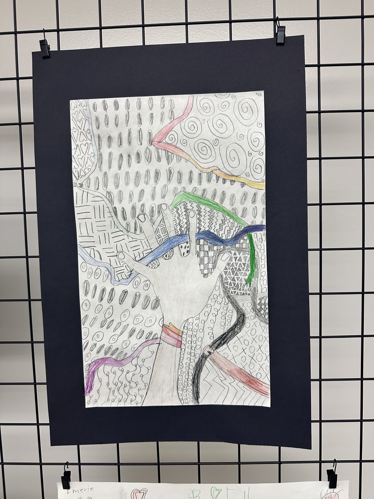 A hand outline surrounded by black-and-white patterns and colorful curved shapes in an abstract style.