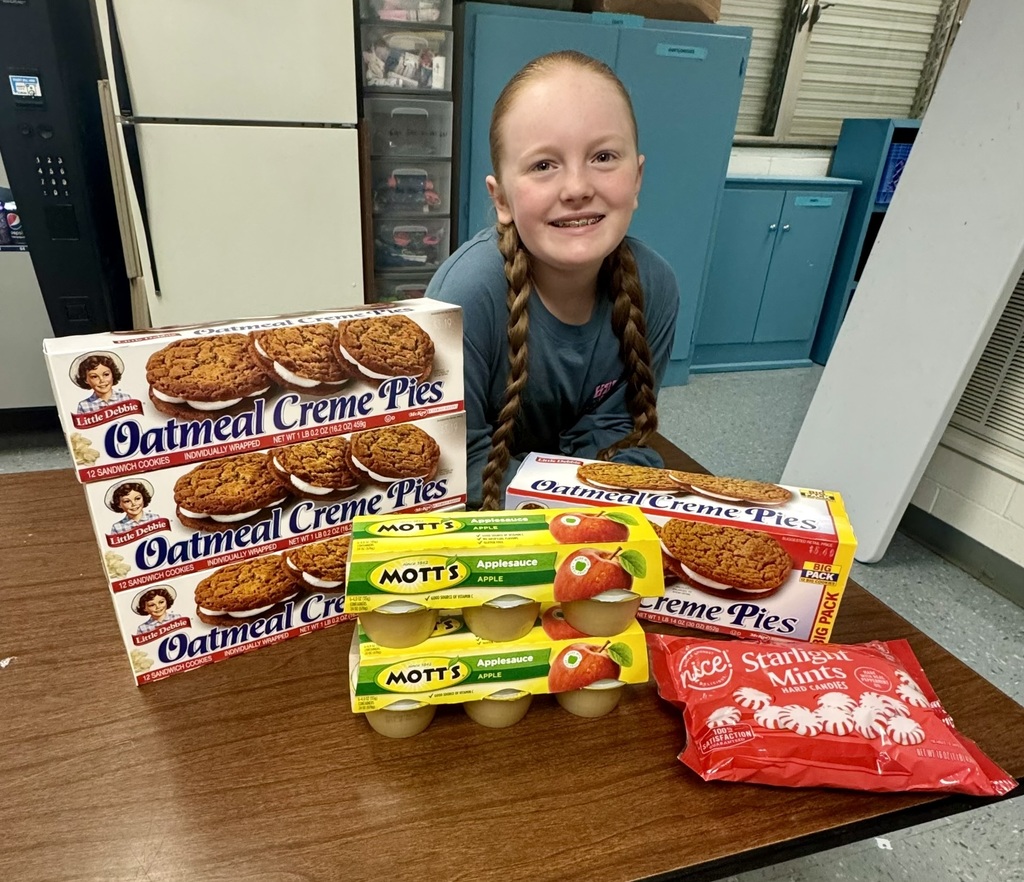 A young girl with long braided hair smiles while sitting behind a table filled with donated snacks. In front of her are boxes of Little Debbie Oatmeal Creme Pies, Mott’s applesauce cups, and a large red bag of Starlight Mints. The setting appears to be a school break room.