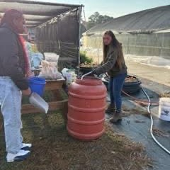 Two students work in a nursery, one on the left in a black jacket and jeans, and another on the right in a green jacket