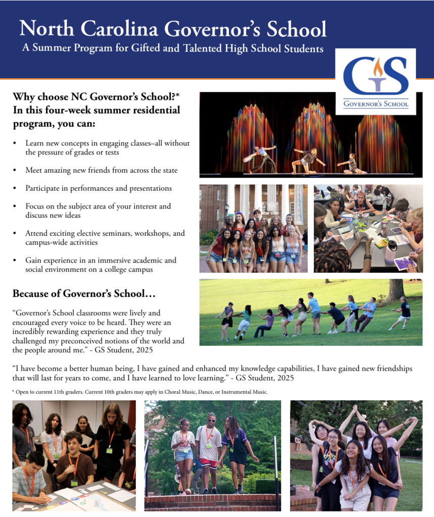 Recruitment flyer for the North Carolina Governor's School, a four-week summer program for gifted and talented high school students.