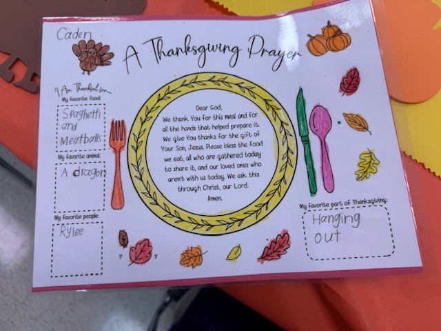 A thanksgiving prayer placemade made by a student