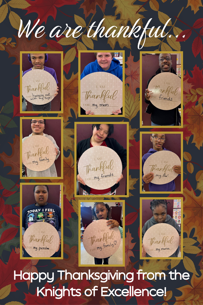 A collage of students holding "I am thankful for..." signs, set against a fall-themed background with leaves and pumpkins.