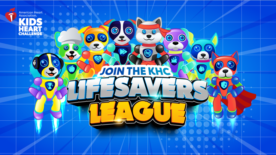 llustration of nine colorful, superhero-themed animal characters standing together in front of a blue grid background. Each character wears a suit with a heart- or health-related symbol. Large bold text in the center reads “Join the KHC Lifesavers League.” In the upper left corner is the American Heart Association logo with the words “Kids Heart Challenge.”