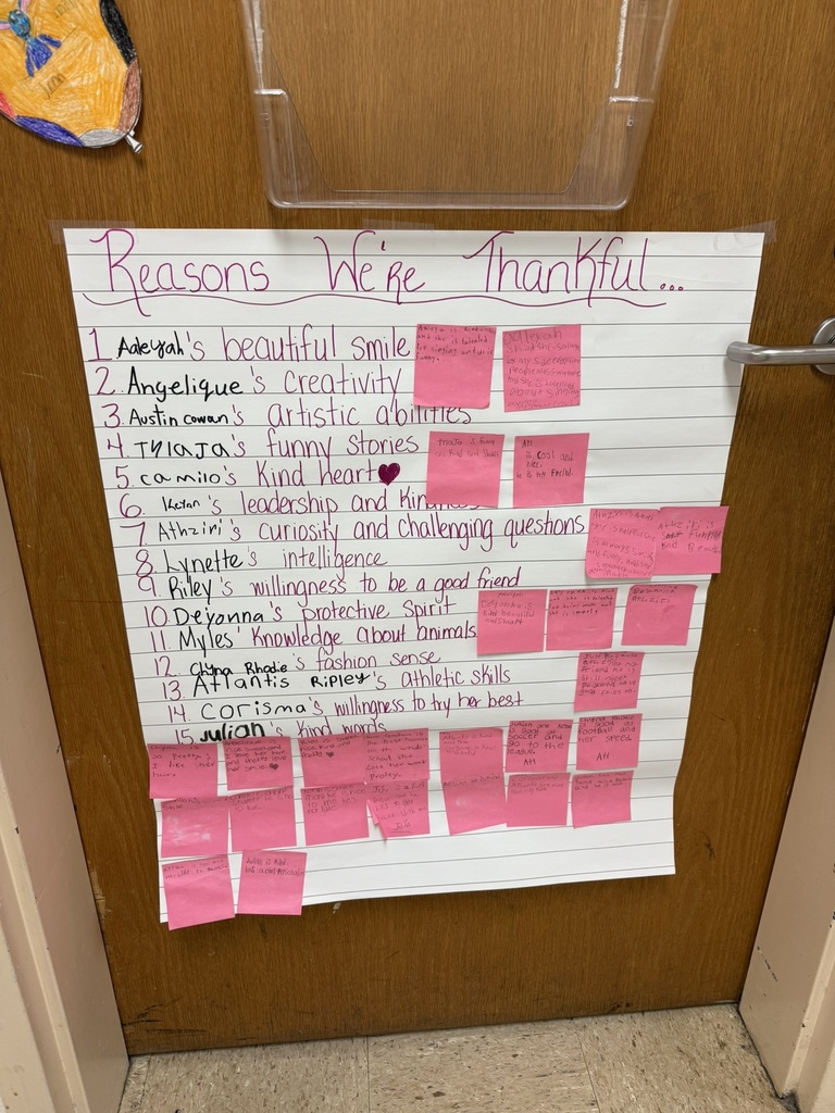 A poster titled "Reasons We're Thankful" lists 15 names with attributes. Pink sticky notes add personal notes. The tone is positive and appreciative.