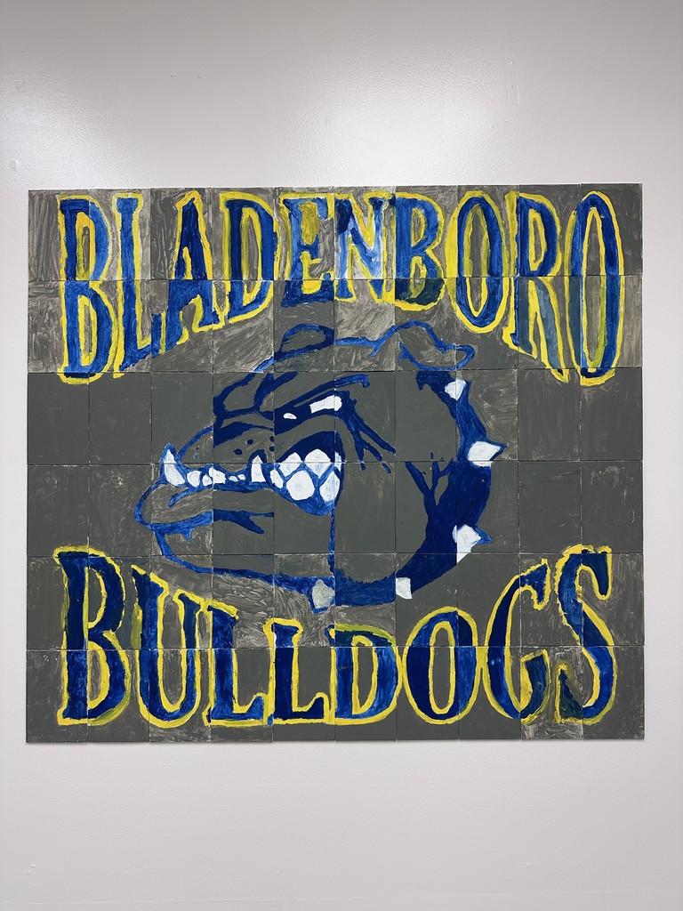 Large tiled mural reading ‘Bladenboro Bulldogs’ with a blue and gray bulldog illustration painted across many small canvases.