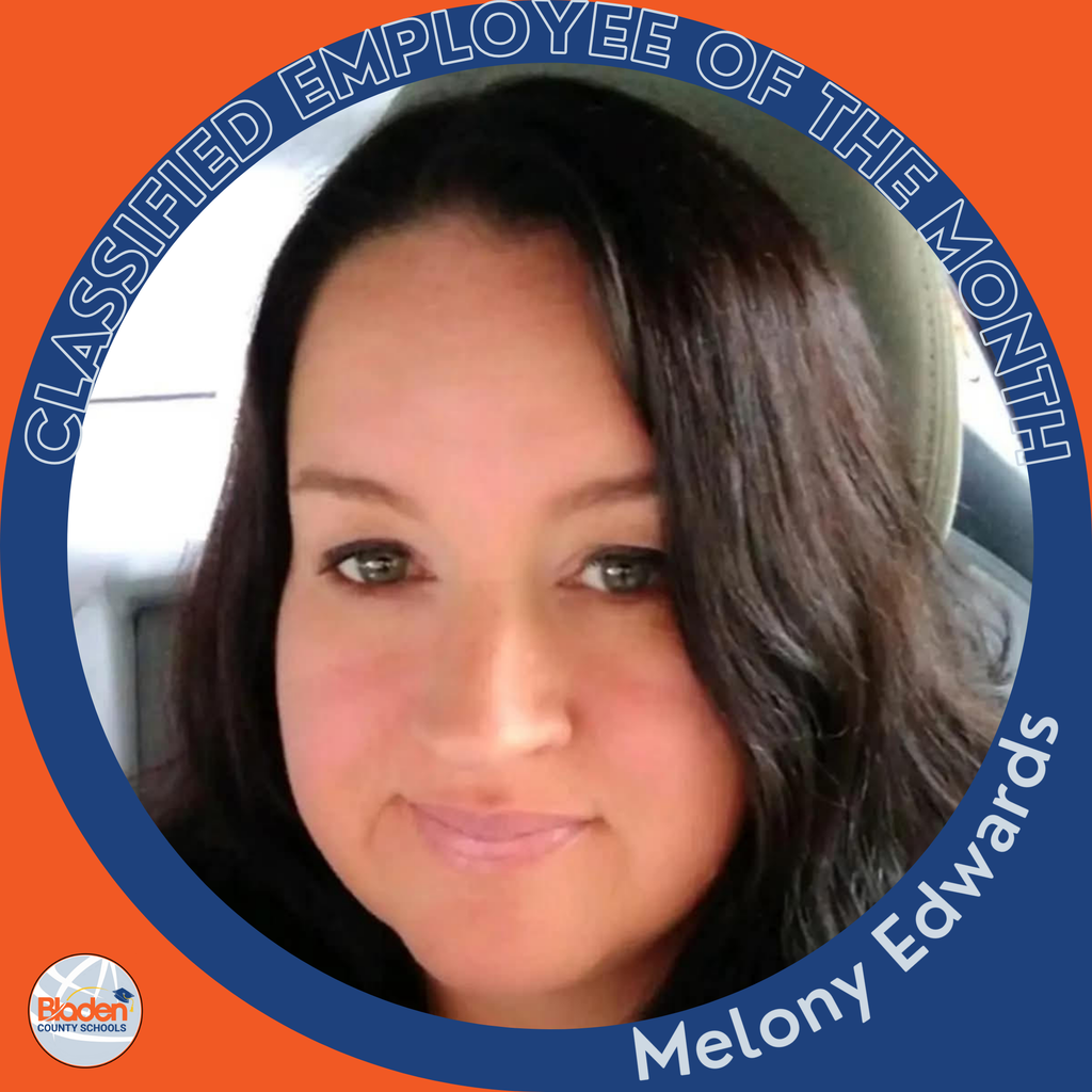 A woman with long dark hair smiles softly while sitting inside a car. The circular frame reads ‘Classified Employee of the Month – Melony Edwards,’ with the Bladen County Schools logo in the corner.