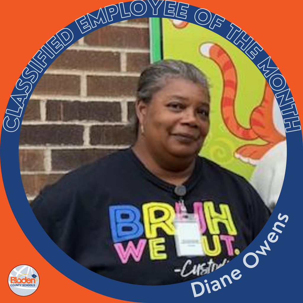 Circular ‘Classified Employee of the Month’ graphic featuring a woman standing in front of a brick wall and colorful poster. She is wearing a black T-shirt with bright lettering and a badge. Text on the graphic reads ‘Diane Owens.