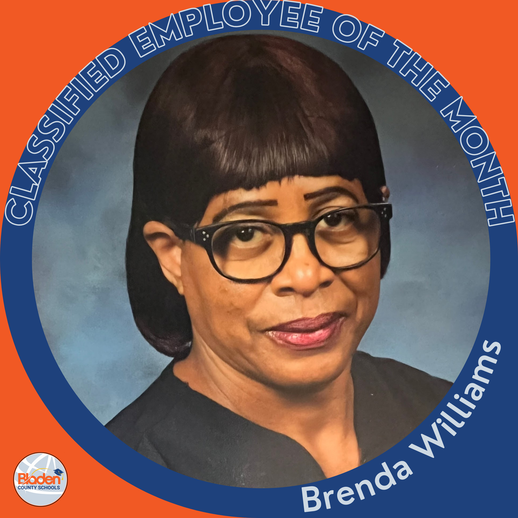 Circular ‘Classified Employee of the Month’ graphic featuring a woman with glasses and a short, styled haircut, posed against a blue studio background. Text on the graphic reads ‘Brenda Williams.