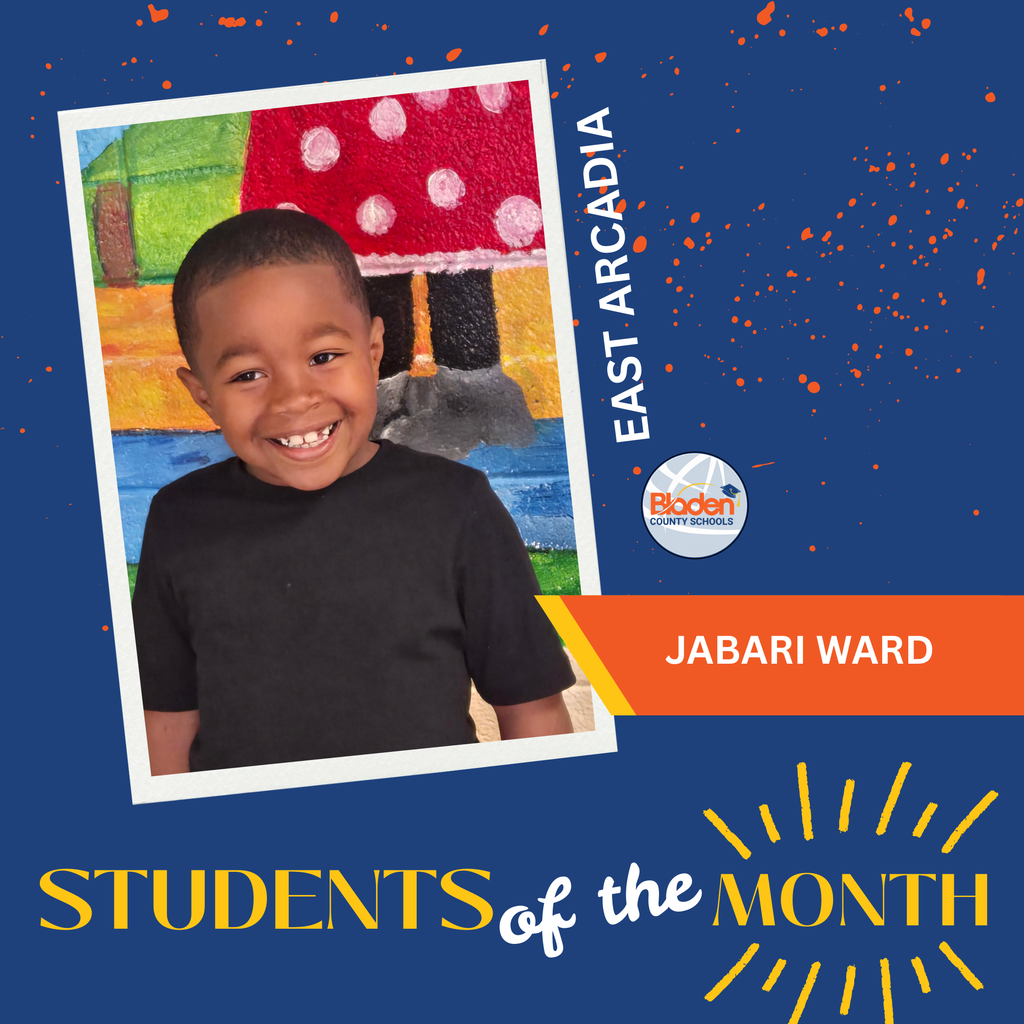 Graphic featuring a young student smiling brightly while wearing a black shirt, standing in front of a colorful painted mural. The background is blue with orange paint splatter accents, with text reading ‘East Arcadia’ and ‘Students of the Month.’ A label identifies the student as Jabari Ward.