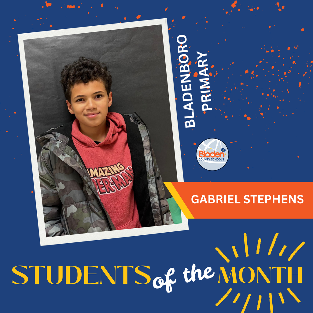 A student with short curly hair wearing a red “Amazing Spider-Man” hoodie and a camo jacket stands in front of a dark backdrop. The graphic reads “Bladenboro Primary” and “Gabriel Stephens” with a “Students of the Month” banner.
