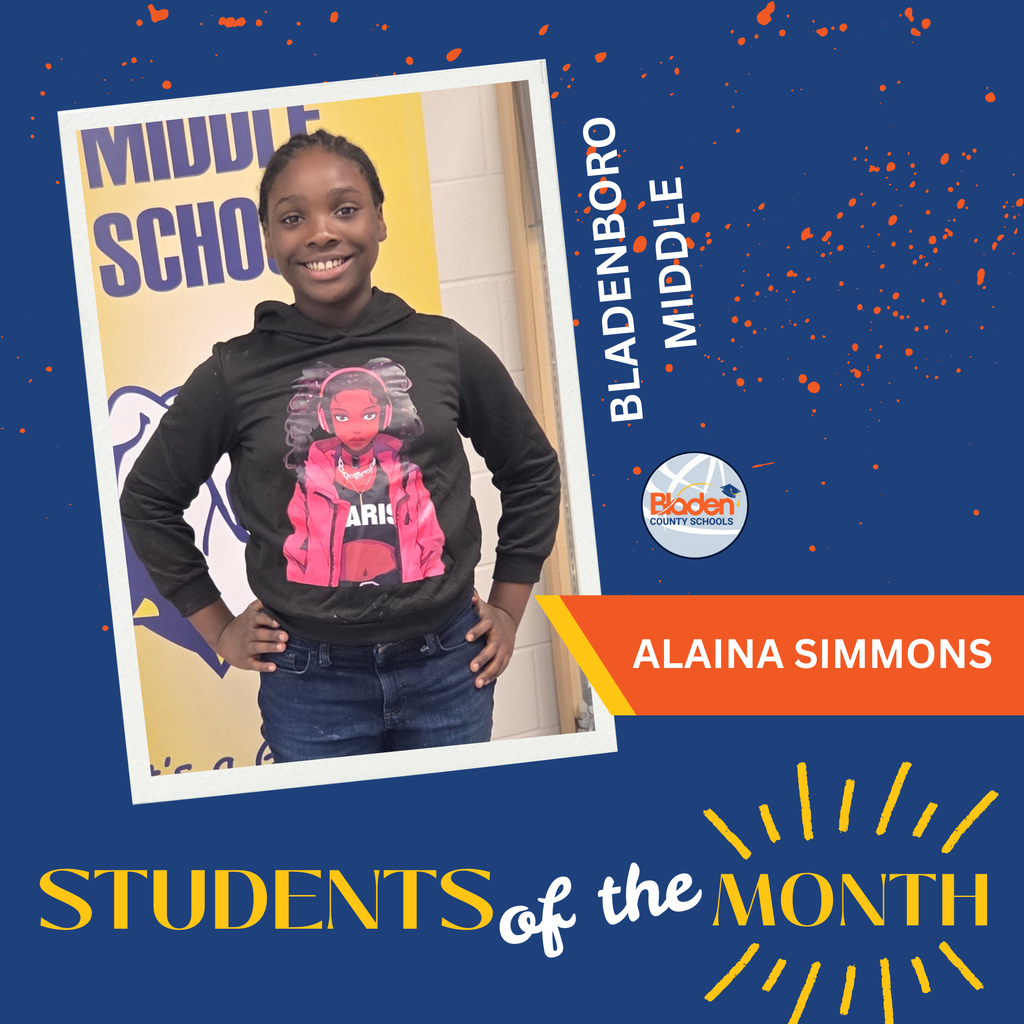 A student stands indoors smiling, wearing a black hoodie featuring an illustrated girl with headphones and the word “PARIS,” along with jeans. Behind her is a yellow wall with the Bladenboro Middle School bulldog logo. The graphic has a blue background with orange speckles and a white tilted frame. Text on the right reads “BLADENBORO MIDDLE,” with the Bladen County Schools logo. An orange banner shows the name “ALAINA SIMMONS.” At the bottom, the graphic reads “STUDENTS of the MONTH.