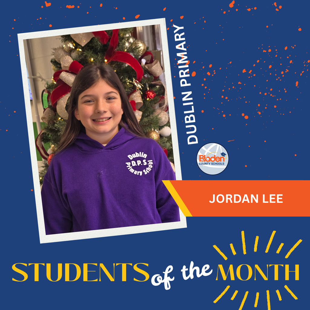 Graphic featuring a smiling student wearing a purple hoodie with a school logo, standing in front of a decorated Christmas tree with bows and ornaments. The background includes blue and orange design elements and text reading ‘Dublin Primary’ and ‘Students of the Month.’ A label identifies the student as Jordan Lee.
