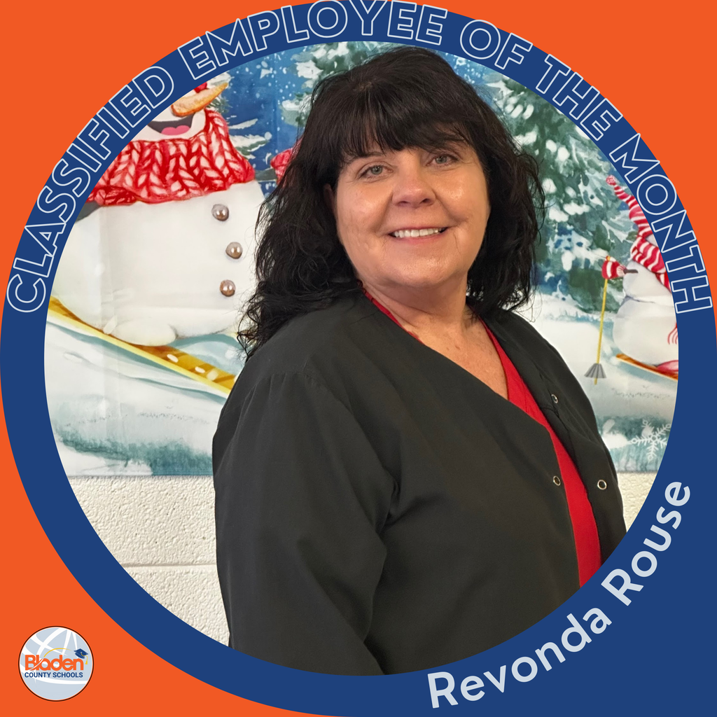 Circular ‘Classified Employee of the Month’ graphic featuring a woman smiling in front of a winter-themed backdrop with snowmen. She is wearing a dark jacket over a red shirt. Text on the graphic reads ‘Revonda Rouse.