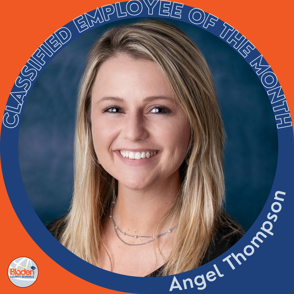 Circular ‘Classified Employee of the Month’ graphic featuring a woman smiling in front of a dark blue background, wearing layered necklaces and a black top. Text on the graphic reads ‘Angel Thompson.