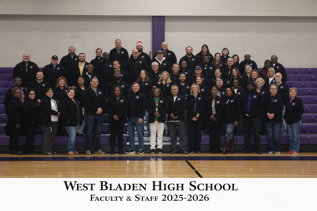 West Bladen High School Faculty & Staff 2025-2026 group photo in gymnasium.