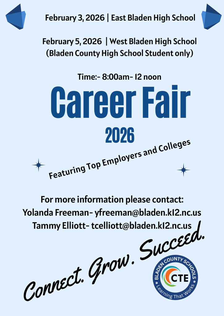 Bladen Schools Career Fair 2026. Feb 3 (East HS) & Feb 5 (West HS, students only), 8am-12pm. Employers & Colleges.