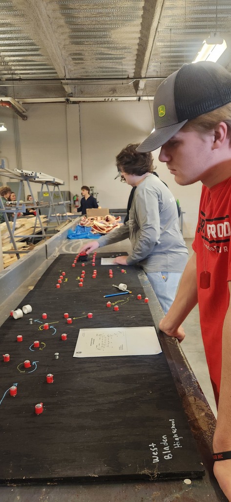 A student in a red shirt studies a diagram on a black board marked with red pegs while working on a classroom project.
