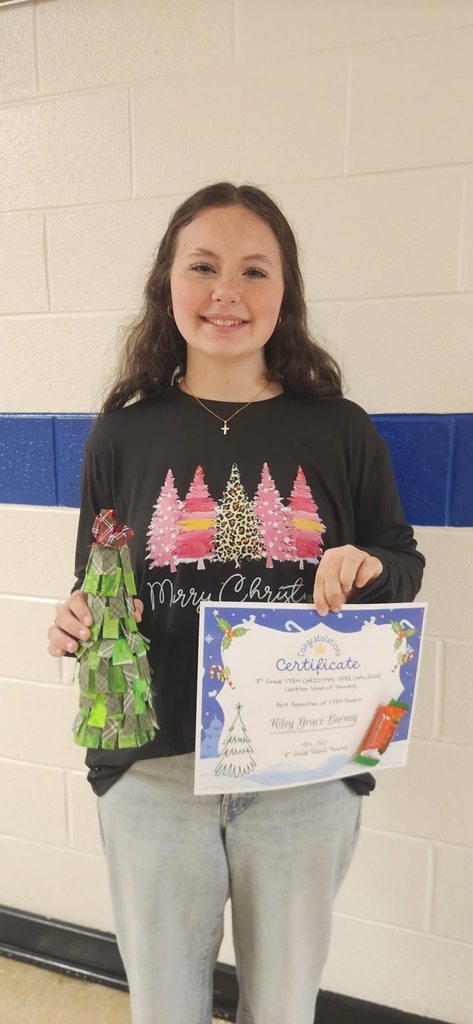 A student smiles while holding a handmade recycled Christmas tree and a STEM Christmas Tree Challenge certificate.