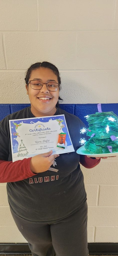 A student holds a certificate and a recycled Christmas tree illuminated with small lights.
