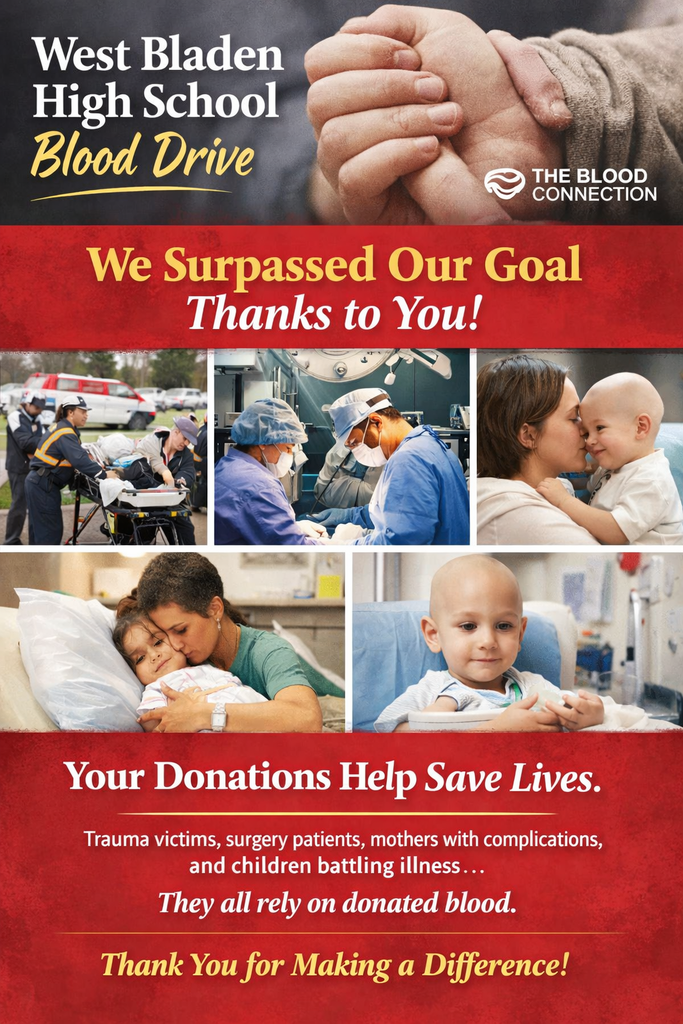 Yesterday’s Blood Connection blood drive at West Bladen High School was a powerful reminder of what it means to take care of others.  Because of our students, staff, and community donors, we surpassed our goal and collected even more donations than we did at our last Blood Connection drive. That matters in a real way. Every unit of blood can help someone fighting for their life, a trauma victim after an accident, a patient in surgery, a mother experiencing complications, or a child receiving ongoing treatment. In those moments, blood is not something that can be made or replaced. It has to be given.  Thank you to everyone who stepped up to donate and to those who helped make the drive happen. You did more than meet a goal. You helped save lives.