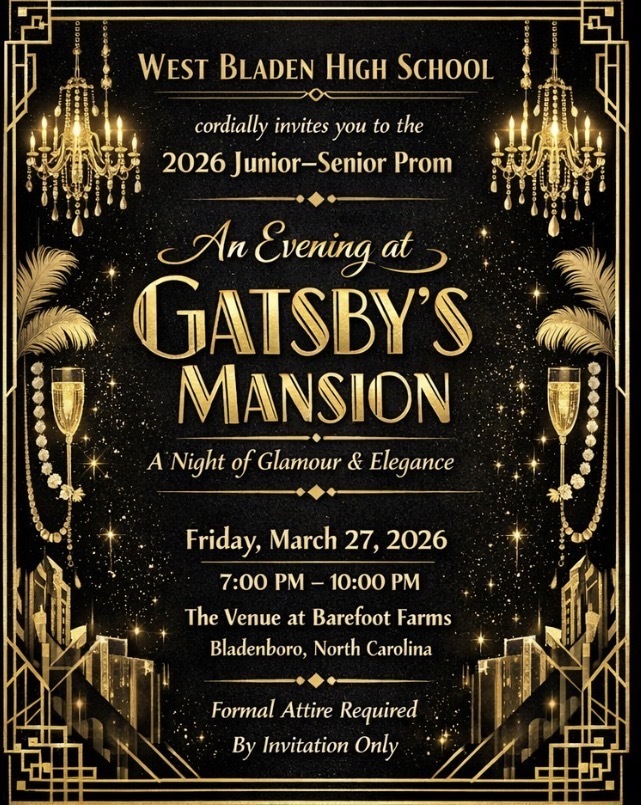 Formal invitation for the West Bladen High School 2026 Junior-Senior Prom. The theme is "An Evening at Gatsby’s Mansion," featuring a black and gold Art Deco design with two large lit chandeliers, palm fronds, and gold geometric borders.