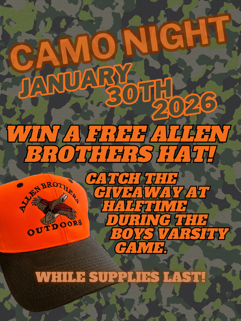 Graphic of an orange and black Allen Brothers Outdoors hat against a green camouflage background. Text reads: "Win a free Allen Brothers hat! Catch the giveaway at halftime during the Boys Varsity game. While supplies last!" The Bladen County Schools logo is visible in the upper corner.