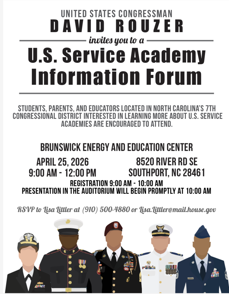 Flyer for Congressman David Rouzer's U.S. Service Academy Information Forum on April 25, 2026, from 9:00 AM to 12:00 PM at the Brunswick Energy and Education Center in Southport, NC.