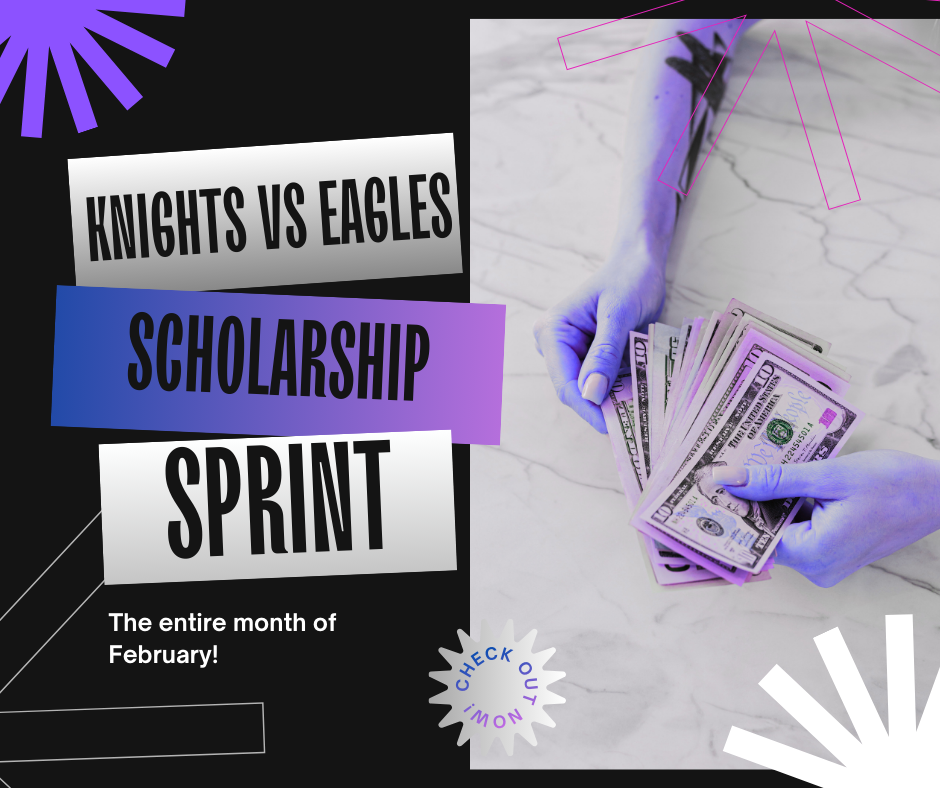 A flyer displaying the February scholarship contest between East and West Bladen seniors