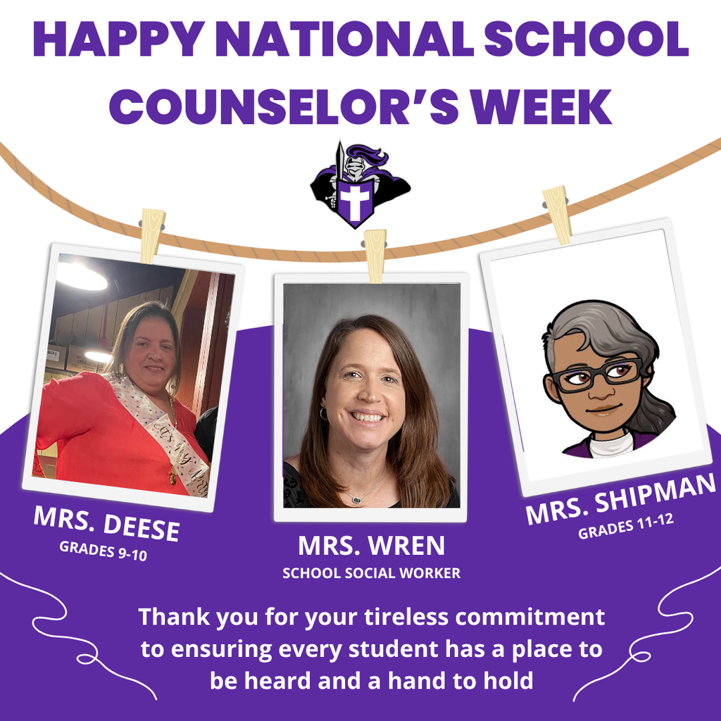 A 'Happy National School Counselor's Week' graphic for West Bladen High School featuring photos of Mrs. Deese (Grades 9-10), Mrs. Wren (School Social Worker), and Mrs. Shipman (Grades 11-12) hanging from a clothesline design. The bottom text reads: 'Thank you for your tireless commitment to ensuring every student has a place to be heard and a hand to hold.'"