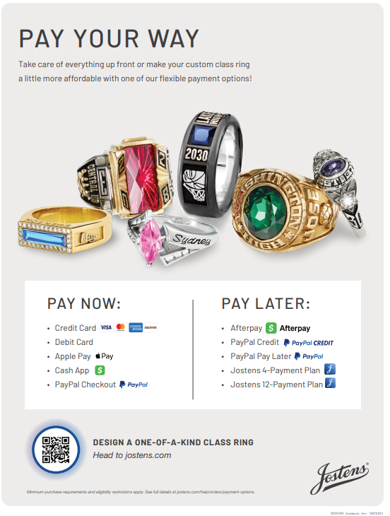 Promotional flyer from Jostens highlighting flexible payment options for class rings, including credit cards, digital wallets, and installment plans, with a call to design a custom ring at jostens.com.