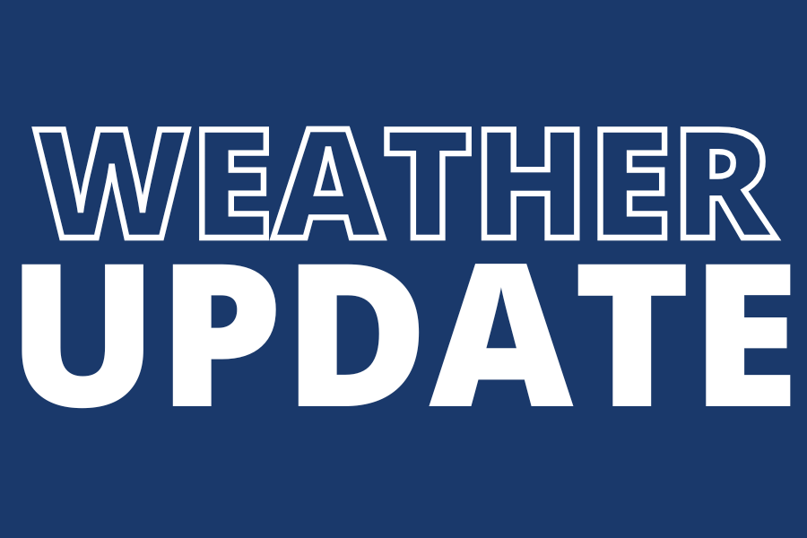 dark blue graphic with white text that says WEATHER UPDATE