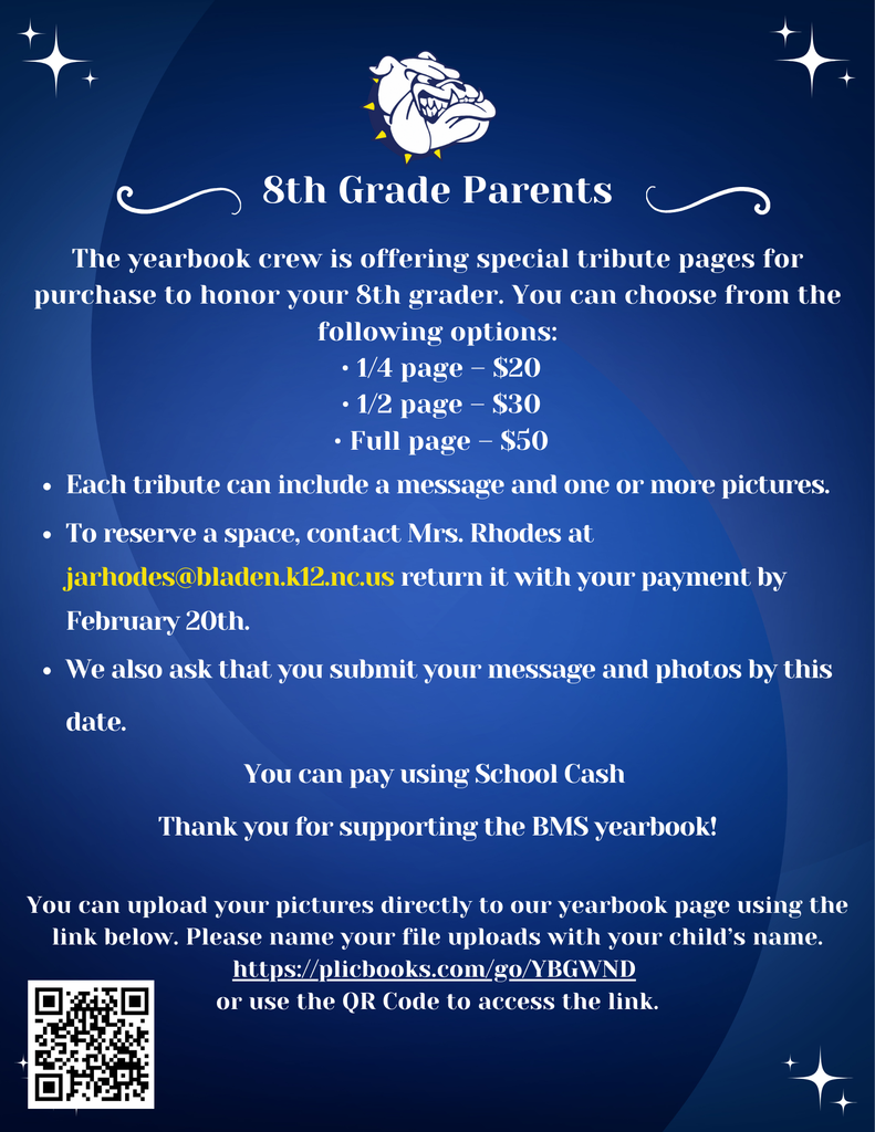Tribute page for 8th grade parents. deep blues an white text with a QR code in t he bottom left of the page that leads to a place to upload student photos.