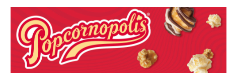 Red Popcornopolis banner featuring the Popcornopolis logo in white and yellow lettering, with images of caramel popcorn, chocolate-drizzled popcorn, and white popcorn pieces scattered on the background.