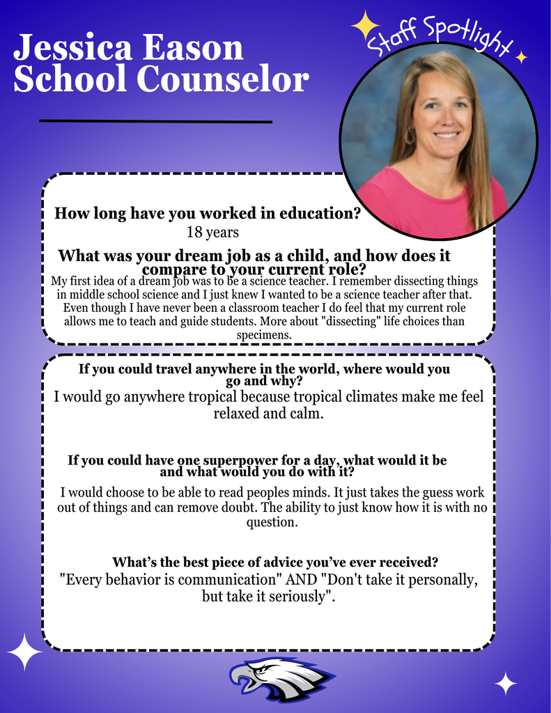 A staff spotlight flyer featuring Jessica Eason, School Counselor. The flyer includes a professional headshot of Ms. Eason smiling, wearing a pink top, against a studio-style background. The design has a purple background with white text and decorative accents. The content highlights her 18 years of experience in education, her childhood dream of becoming a science teacher, her interest in tropical travel, her chosen superpower of reading minds, and her advice emphasizing that behavior is communication and the importance of taking situations seriously without taking them personally. An EB Eagles logo appears at the bottom of the flyer.