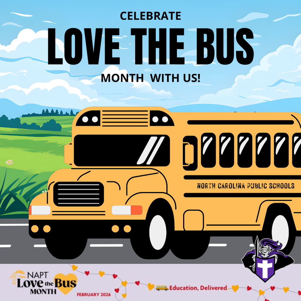 A yellow school bus on a road with the text "CELEBRATE LOVE THE BUS MONTH WITH US!" and hearts in the background.