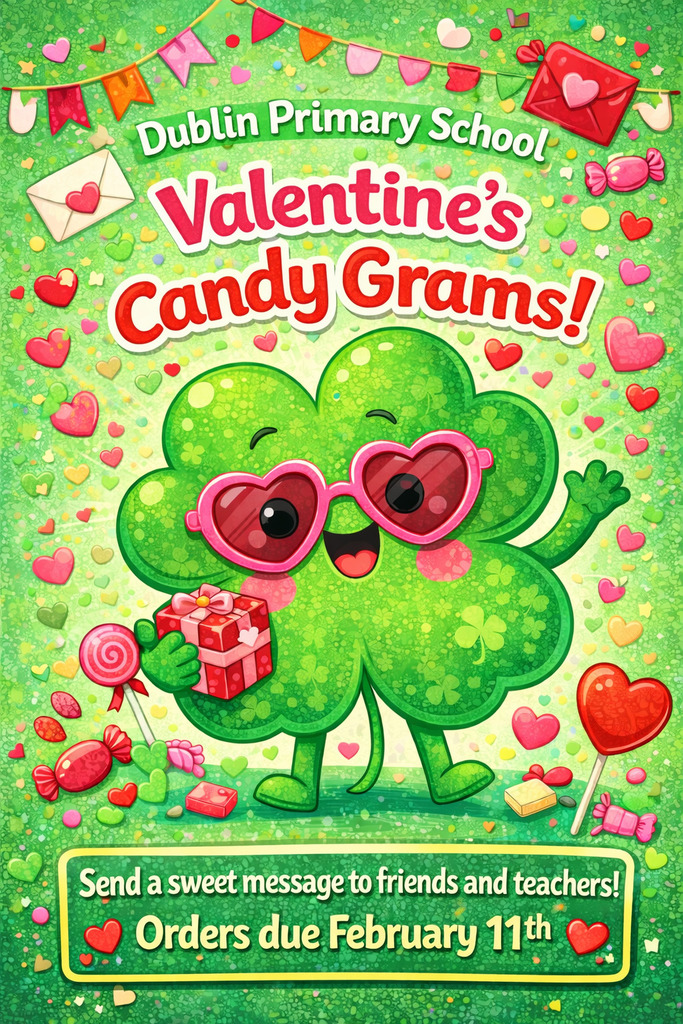 Alt text:
Colorful poster for Dublin Primary School advertising Valentine’s Candy Grams. A cheerful cartoon four-leaf clover wearing heart-shaped sunglasses holds a gift and is surrounded by hearts, candy, and festive decorations. Text reads: “Dublin Primary School Valentine’s Candy Grams! Send a sweet message to friends and teachers! Orders due February 11th.”