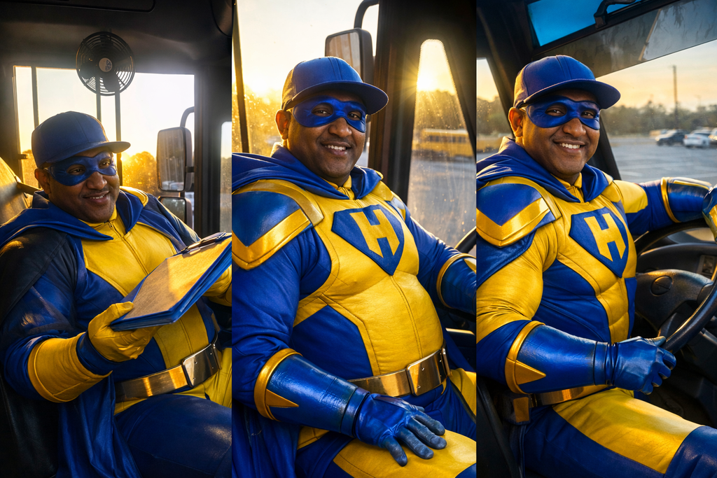 A three panel collage shows an adult wearing a blue and yellow superhero costume seated inside a school bus. In one image, he smiles while holding a clipboard, and in the others he is seated at the driver’s seat with hands near the steering wheel. Sunlight streams through the bus windows, and a parking lot is visible outside.