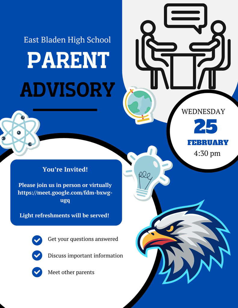 blue and white flyer with an eagle, globe, light bulb and atom on it. Flyer reads "The Parent Advisory Council will meet Wednesday, February 25th at 4:30, in the Media Center. Can't make it in person? Join us via Google Meet: meet.google.com/fdm-bxwg-ugq"