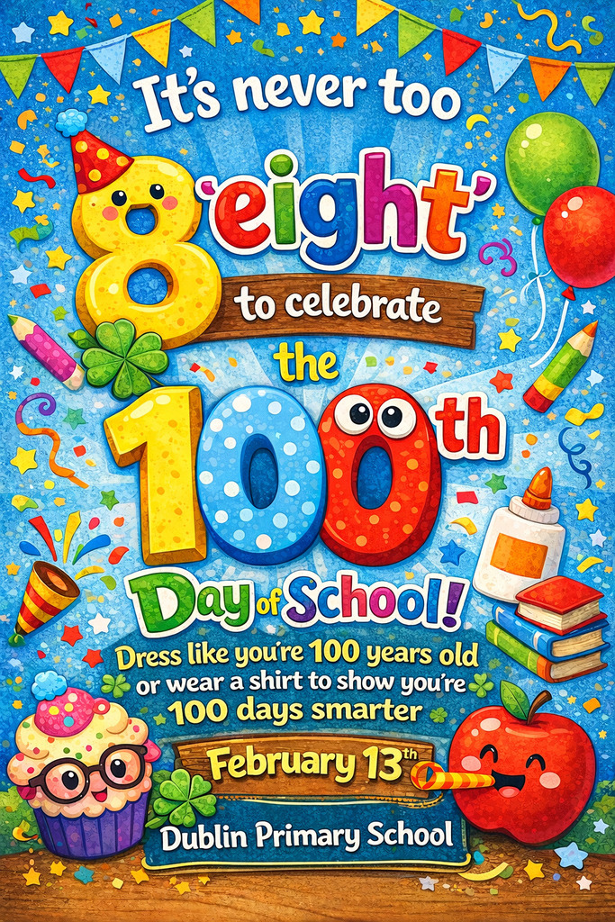 Colorful cartoon-style poster celebrating the 100th day of school. Large playful text reads, “It’s never too ‘eight’ to celebrate the 100th Day of School!” Decorations include balloons, confetti, books, pencils, a cupcake, an apple, and a smiling number 8 wearing a party hat. The poster says, “Dress like you’re 100 years old or wear a shirt to show you’re 100 days smarter.” Event date: February 13. Location listed as Dublin Primary School.