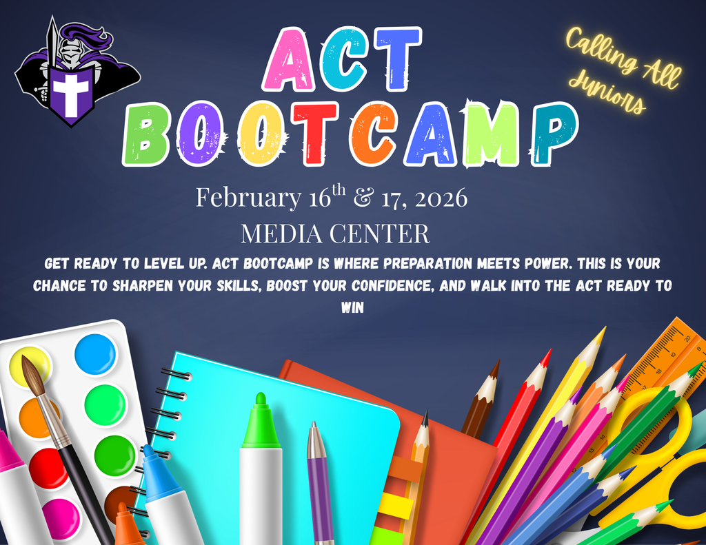 ACT Bootcamp flyer: Feb 16-17, 2026, at the Media Center. Text: Level up and sharpen your skills to walk in ready to win.