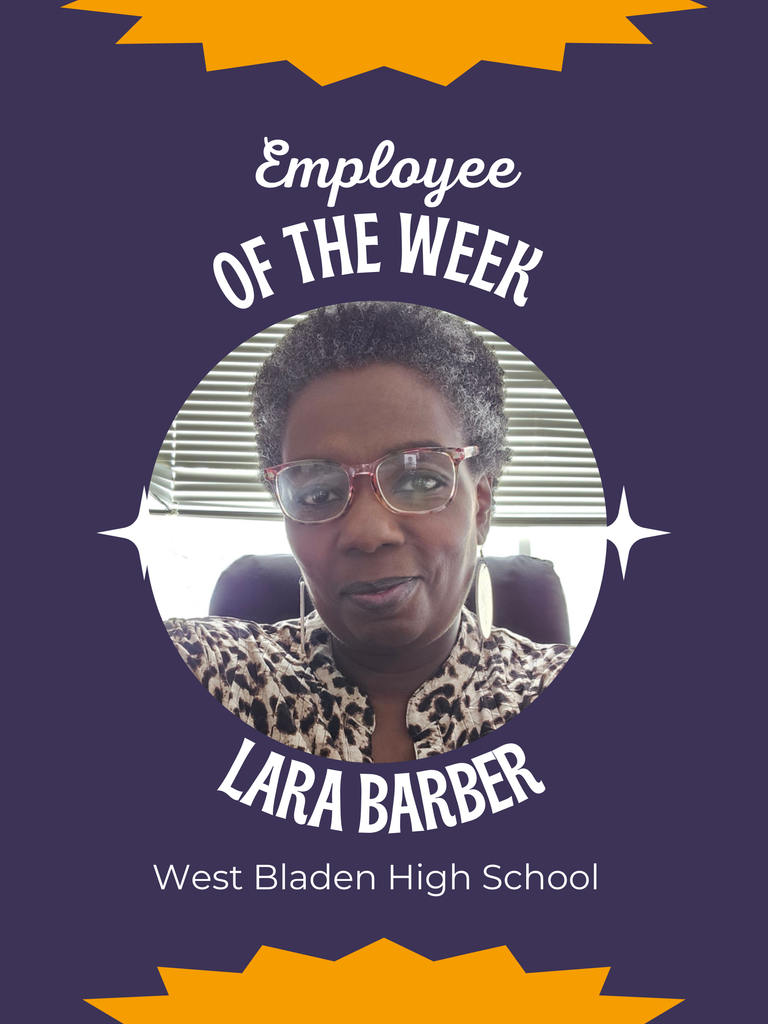 Graphic with a purple background and gold accents reading Employee of the Week. A circular headshot shows Lara Barber, a woman with short natural hair and glasses, wearing earrings and a patterned top. The text below reads Lara Barber and West Bladen High School.