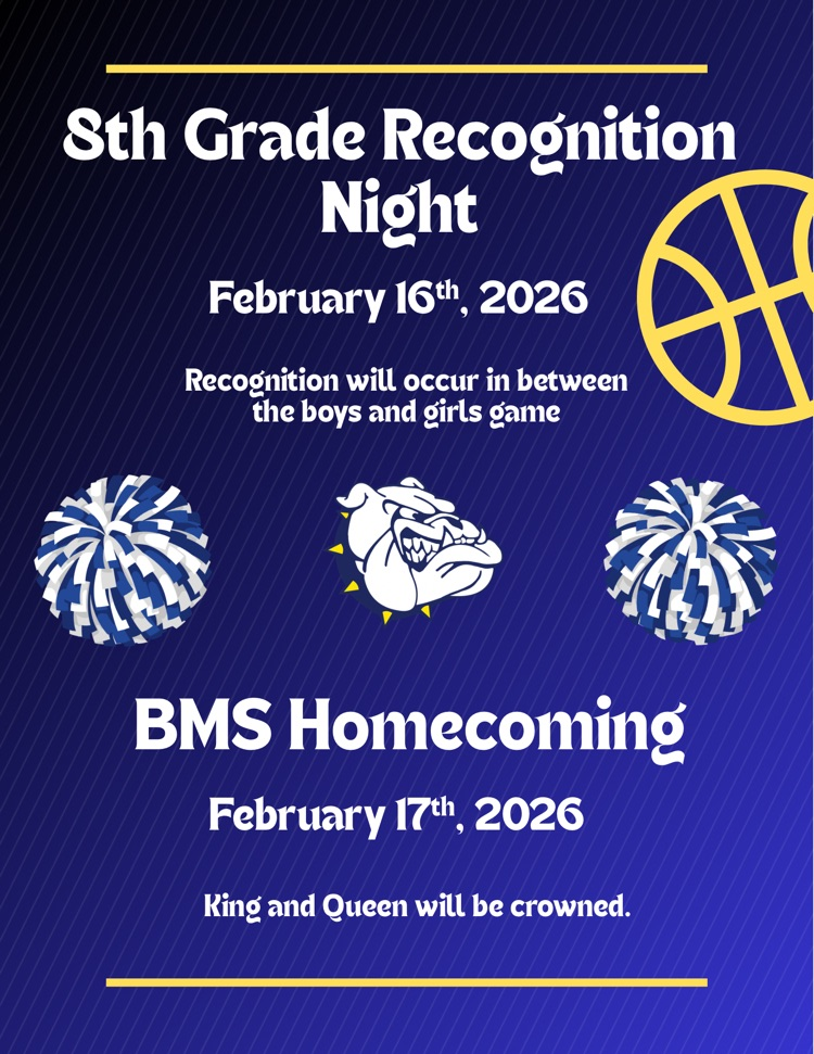blue graphic with Pom poms and a bulldog mascot detailing homecoming and 8th grade recognition night